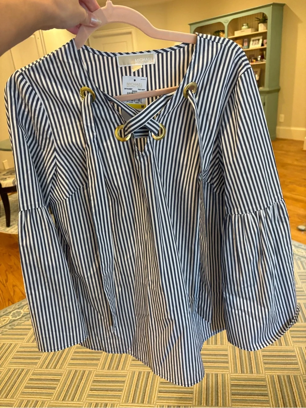 Michael Kors Navy & White Striped Lace-Up Bell Sleeve Blouse